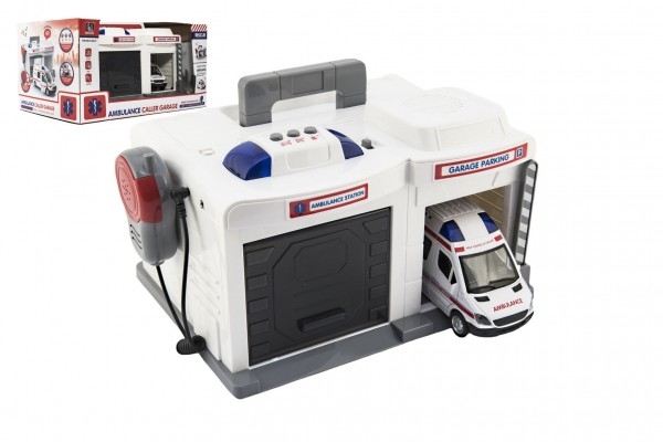 Garáž + auto ambulancie 15 cm plast na batérie so svetlom so zvukom v krabici 37x20x2cm