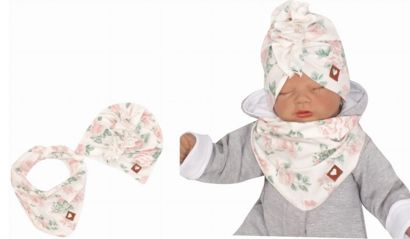 Z&Z Štýlová detská jarná / jesenná bavlnená čiapka, turban s šatkou, kvietky, vel. 68/80