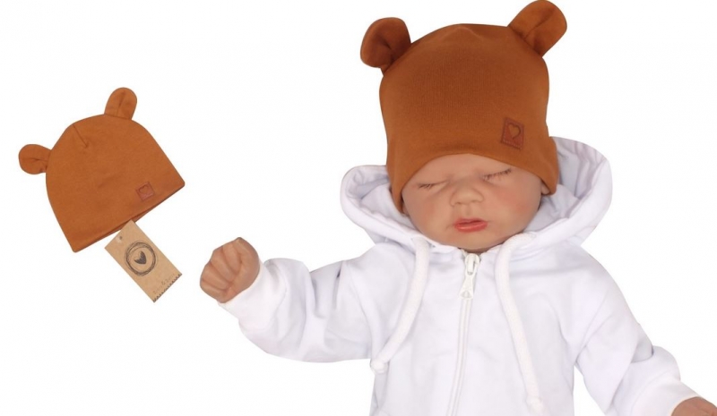 Dvojvrstvová bavlnená čiapočka LOVE TEDDY, medová horčica, 42/44cm, veľ 68/74