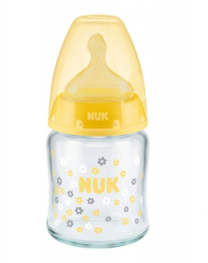 Fľaštička NUK - sklenená, žltá - 120 ml (OBJEM: 120 ML, VEK: 0-6M, RôZNE MOTíVY)