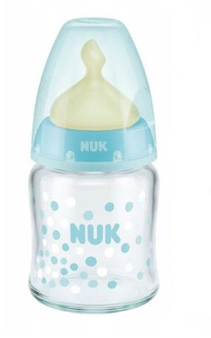 Fľaštička NUK - sklenená, modrá - 120 ml (OBJEM: 120 ML, VEK: 0-6M, RôZNE MOTíVY)