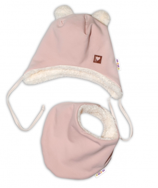 Baby Nellys Zimná kožušková čiapka s šatkou LOVE, pudrově ružová (OBVOD: 38/40 CM, FARBA: PUDROVě)