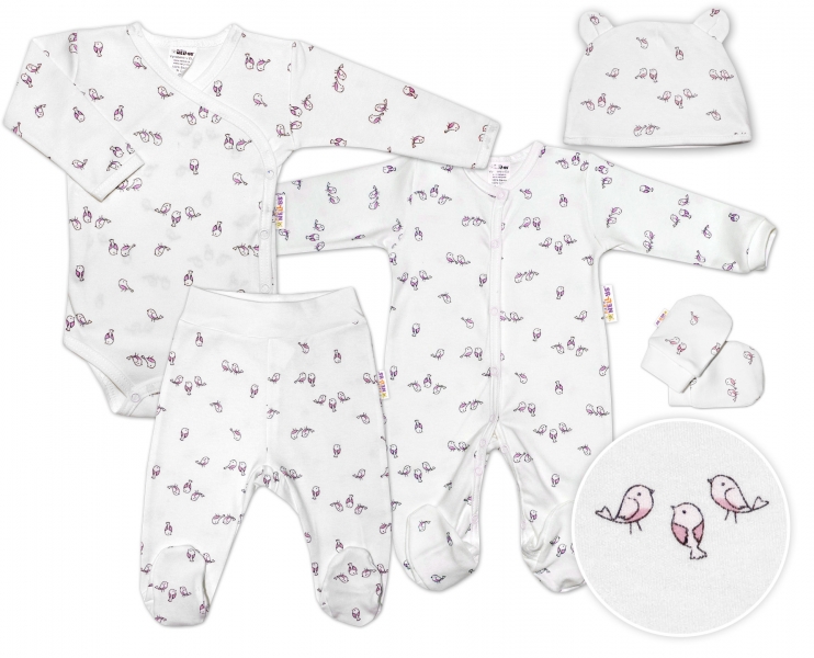 Baby Nellys 5-dielna súpravička do pôrodnice Vtáčiky - ecru/ružová