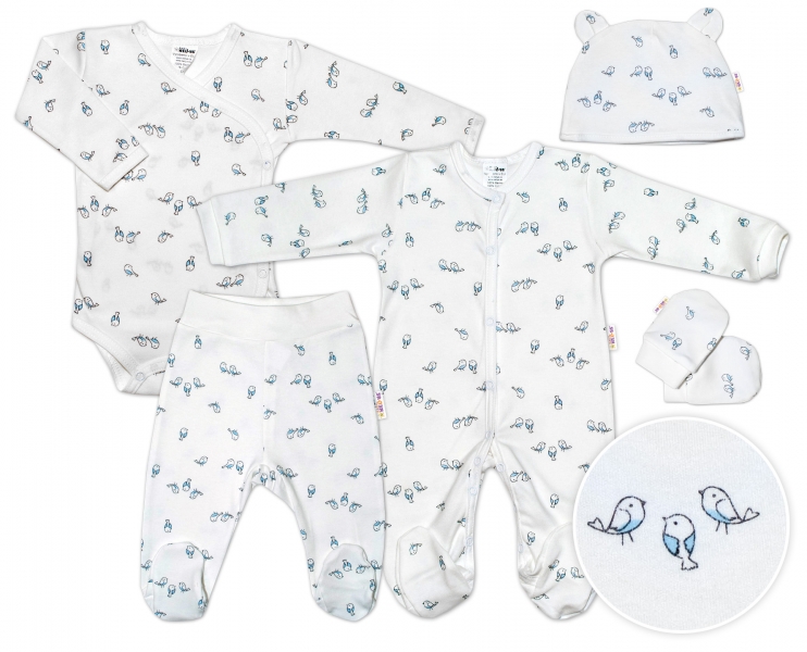 Baby Nellys 5-dielna súpravička do pôrodnice Vtáčiky - ecru/modrá, veľ. 68
