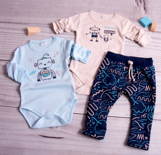 Kojenecká 3-dielna súprava, 2xbody dlhý rukáv, tepláky, New Robot Baby, béžová, sv. modrá, veľ.80
