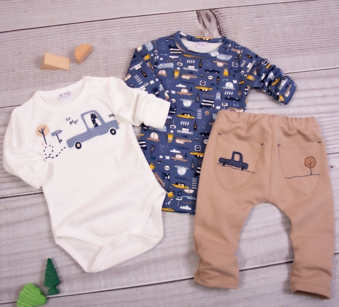 Kojenecká 3-dielna súprava - 2x body dlhý rukáv, tepláčky, New Car Baby, modrá, ecru, veľ 62