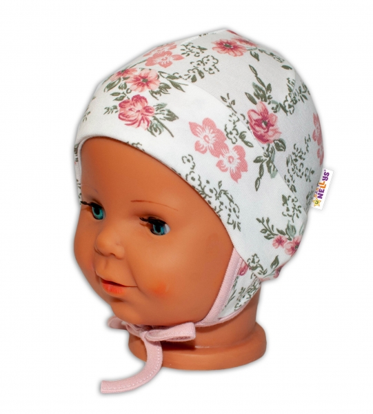 Baby Bavlnená čiapočka s uškami na zaväzovanie - Ruže, pudrová/ecru, veľ. 62/68