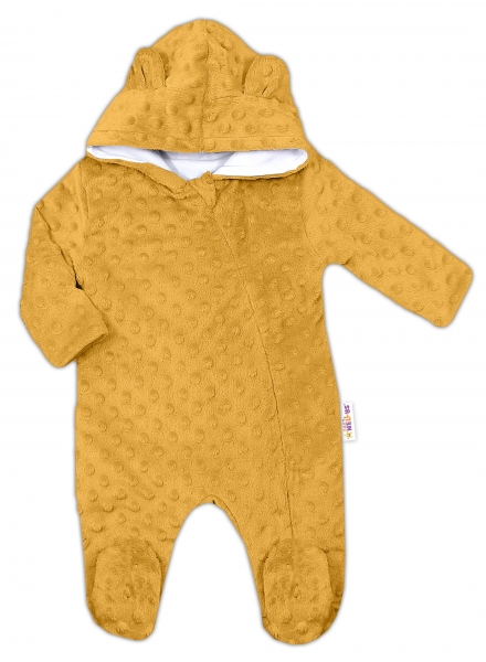 Kojenecká Kombinéza /overal Minky s kapucňou a uškami - horčica, veľ. 62