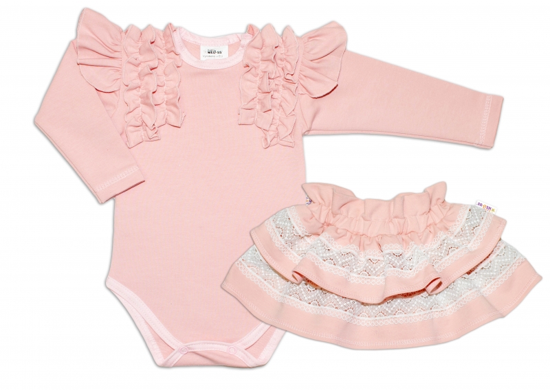 BABY NELLYS 2-dielna sada, body dl.rukáv +suknička s krajkou a volánikmi, veľ. 80, pudrová-#Velikost koj. oblečení;80 (9-12m)