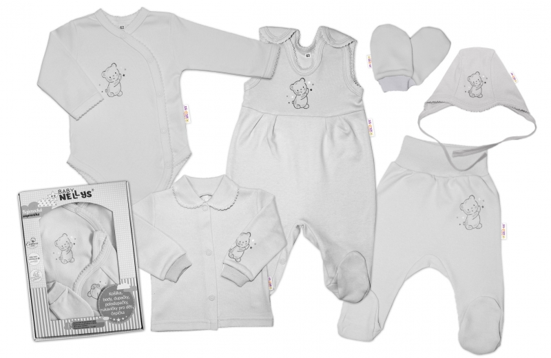 Baby Nellys Veľká sada do pôrodnice TEDDY, 6-ti dielna, sivá, veľ. 62