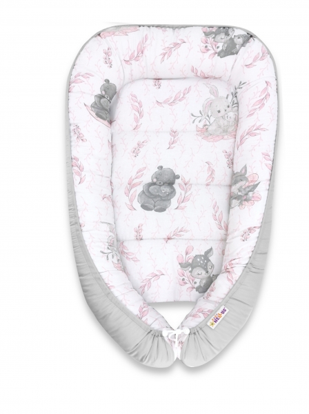 Baby Nellys Bavlnené obojstranné hniezdočko, 55x75cm, LULU natural - růžová, šedá