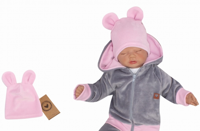 Velúrová, semišková čiapočka s uškami Teddy, sv. ruzova, veľ. 68/74