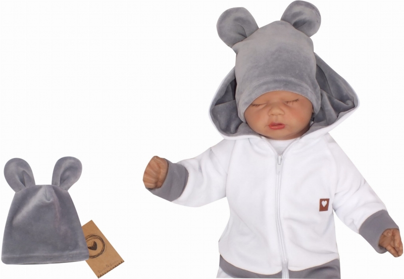Velúrová, semišková čiapočka s uškami Teddy, sivá, veľ. 80/86