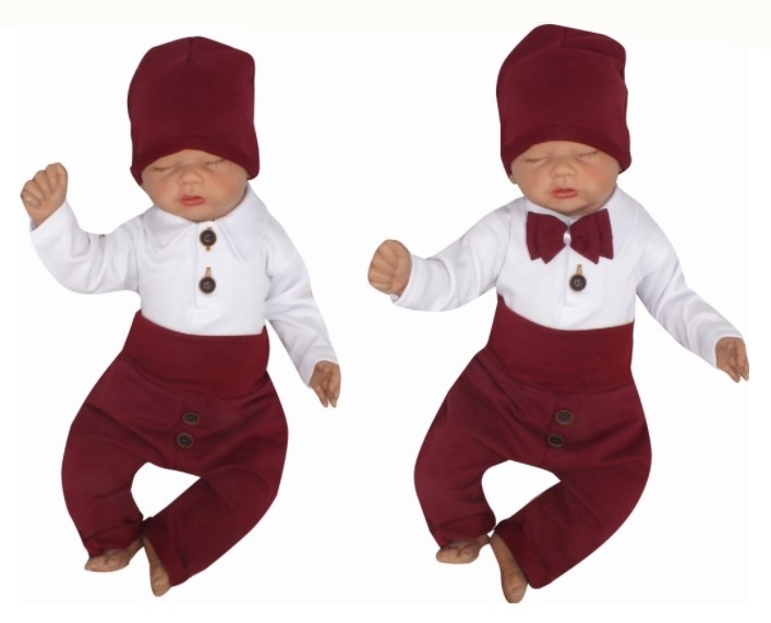 Z&Z 4-dielna súpravička body, tepláčky, čiapočka a motýlik, biela/bordó, veľ. 86-#Velikost koj. oblečení;86 (12-18m)