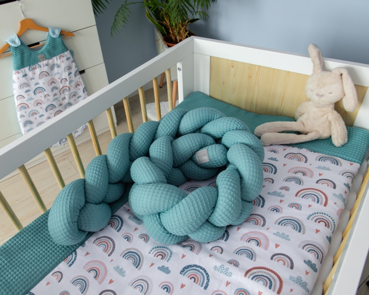 Baby Nellys Mantinel pletený vrkoč Vafel, Dúha - mätová, 320 x 16 cm