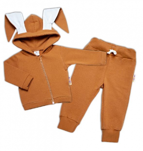 BABY NELLYS Dětská tepláková súprava s kapucňou a uškami, Cute Bunny - hnedá, veľ. 74