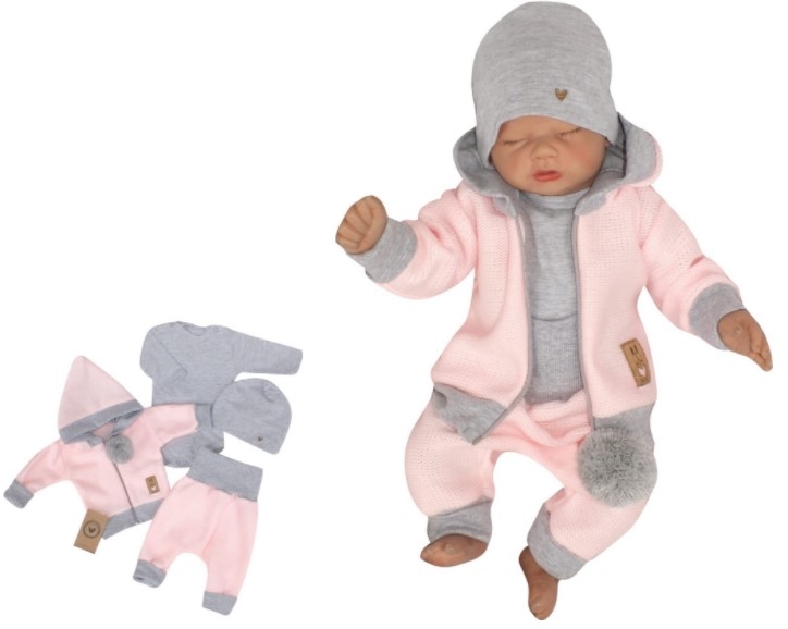 Z&Z 4-dielna pletená súpravička, kabátik, tepláčky, čiapočka a body, ružová-šedá, veľ. 86-#Velikost koj. oblečení;86 (12-18m)