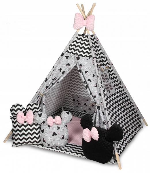 Baby Nellys Stan pro děti týpí s velkou výbavou, ZigZag, šedá, čierna, růžová