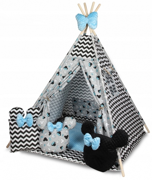 Baby Nellys Stan pro děti týpí s velkou výbavou, ZigZag, šedá, čierna, modrá