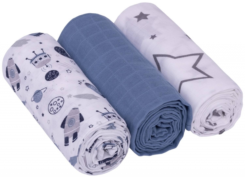 Mušelínové plienky 3ks Lux - Kosmo, 70 x 80 cm, modrá/biela