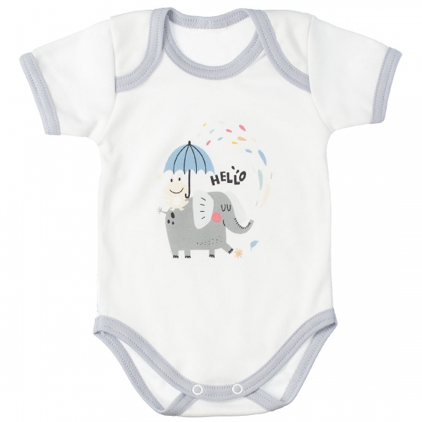 MBaby Bavlnené body s krátkym rukávom, Sloníča Hello, bielo/sivé, veľ. 80