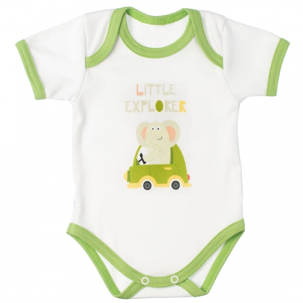 Kojenecké bavlnené body s krátkym rukávom, Sloníča Little Explorer, bielo/zelené, veľ. 80