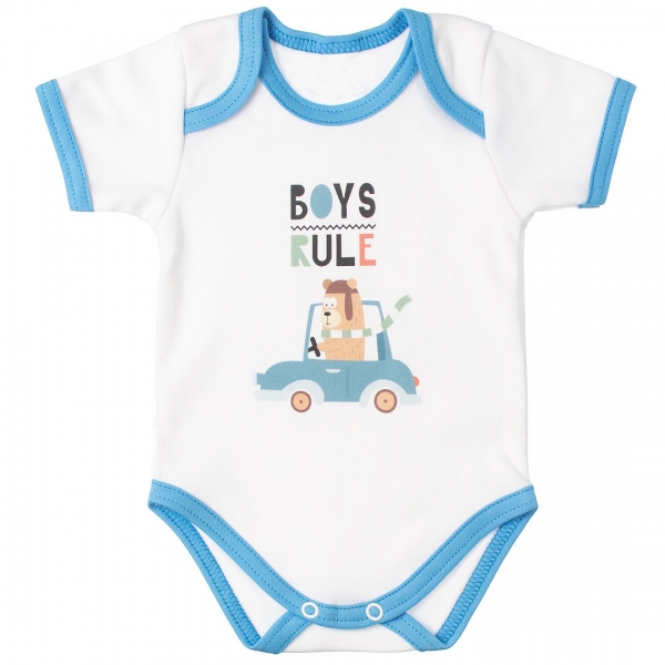 Kojenecké bavlnené body s krátkym rukávom, Méďa Boys Rule, bielo/modré, vel. 80