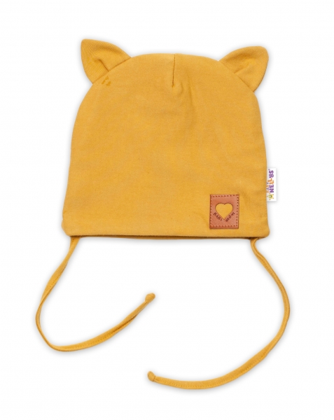 Baby Nellys Bavlnená dvojvrstvová čiapka s uškami na zaväzov. FOX- horčicová, veľ. 44-46cm