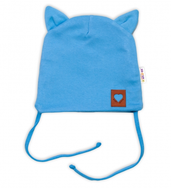 Baby Nellys Bavlnená dvojvrstvová čiapka s uškami na zaväzov., FOX - modrá, veľ. 40-42 cm