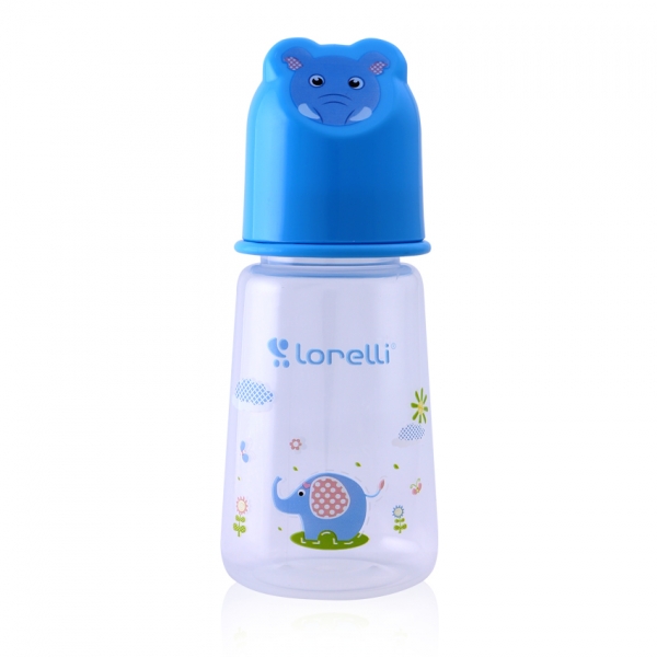 Dojčenská fľaštička Lorelli 125 ml s vikom v tvare zvieraťa, blue