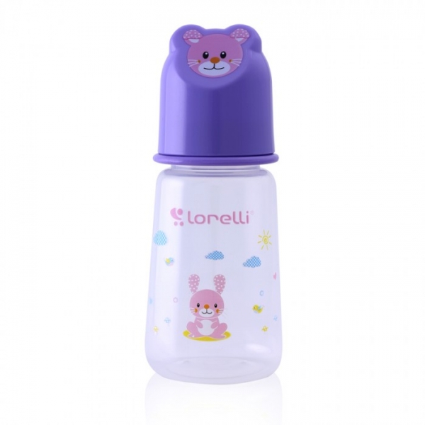 Dojčenská fľaštička Lorelli 125 ml s vikom v tvare zvieraťa, violet