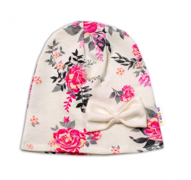 Baby Nellys Bavlnená čiapočka  s mašličkou New Roses, smotanová