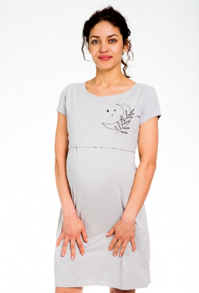 Be MaaMaa Tehotenská, dojčiaca nočná košeľa MOON - šedý melír-#Velikosti těh. moda;S/M