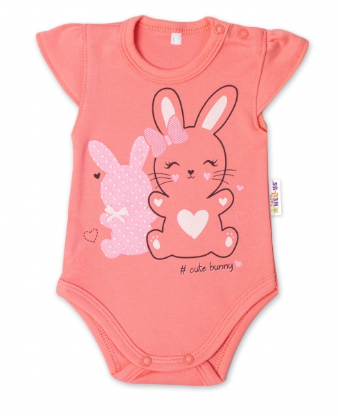 Baby Nellys Bavlnené dojčenské body, kr. rukáv, Cute Bunny - lososové, veľ. 62