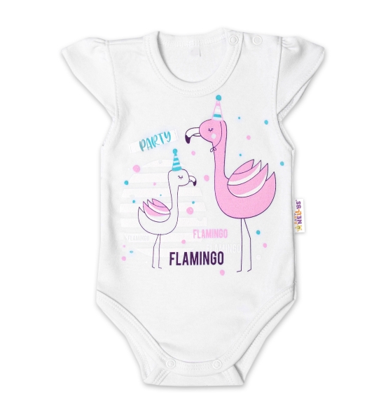 Baby Nellys Bavlnené dojčenské body, kr. rukáv, Flamingo - biele, veľ. 68