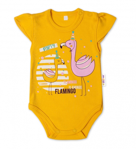 Baby Nellys Bavlnené dojčenské body, kr. rukáv, Flamingo - horčicove, veľ. 74