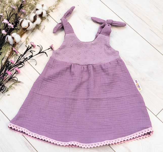 Baby Nellys Letné ľahučké mušelínové šaty Summer -  lila, levandule-#Velikost koj. oblečení;56-62 (0-3m)