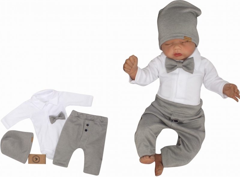 Z&Z 4-dielna sada Elegant Boy, body, nohavice, motýlik a čiapky, sivá/biela, veľ.86-#Velikost koj. oblečení;86 (12-18m)