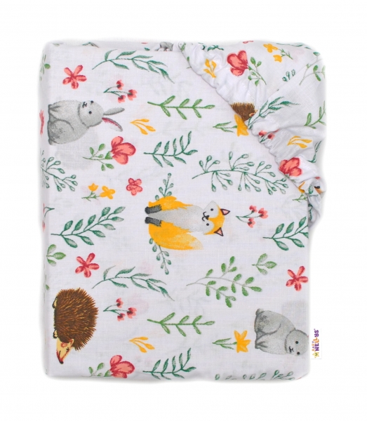 Baby Nellys Bavlnené prestieradlo  70 x 140 - Kamaráti lúky, biela