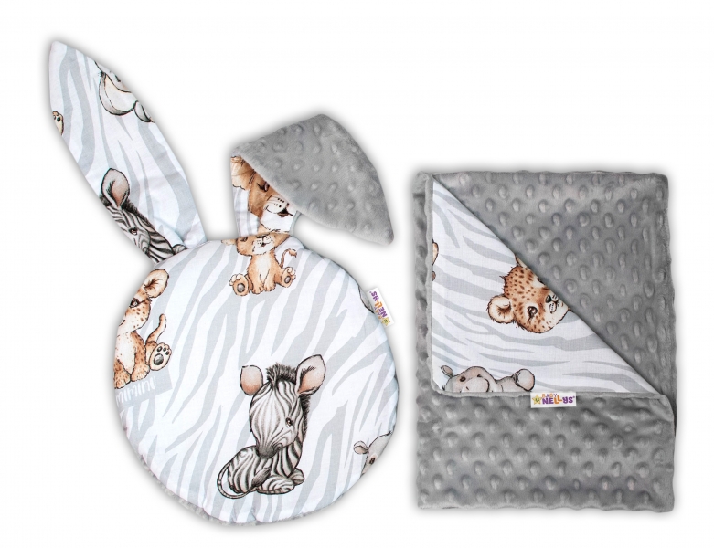 Baby Nellys 2-dielna sada do kočíka s Minky s uškami - ZOO Natural, sivá
