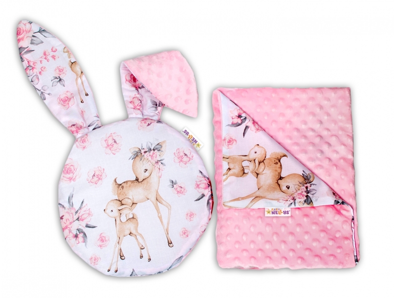 Baby Nellys 2-dielna sada do kočíka s Minky s uškami - Srnka a růže, ružová