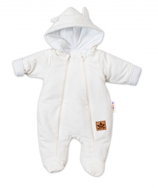 Baby Nellys ® Kombinézka s dvojitým zapínaním, s kapucňou a uškami - ecru, veľ. 62