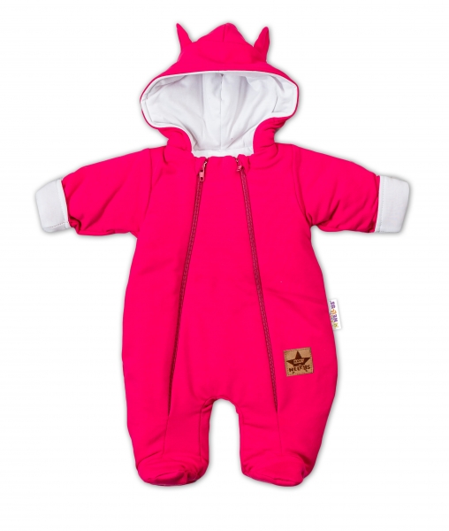 Baby Nellys ® Kombinézka s dvojitým zapínaním, s kapucňou a uškami - malinová, veľ. 68