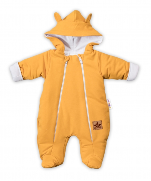 Baby Nellys ® Kombinézka s dvojitým zapínaním, s kapucňou a uškami - horčicová, veľ. 80