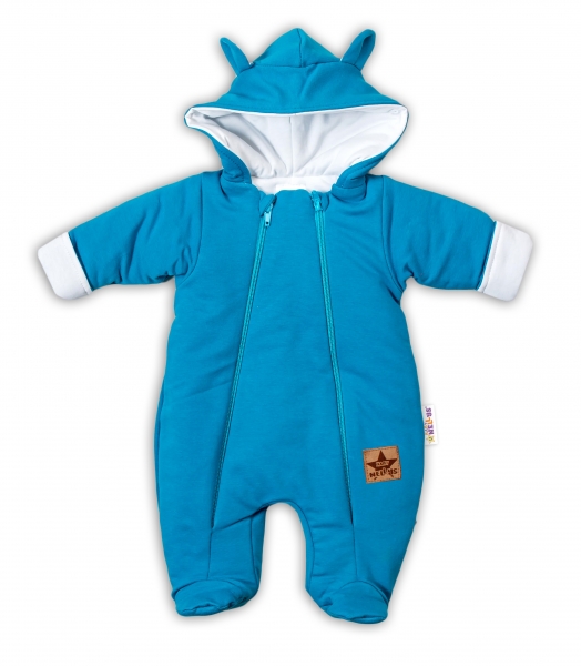 Baby Nellys ® Kombinézka s dvojitým zapínaním, s kapucňou a uškami - tyrkysová, veľ. 62