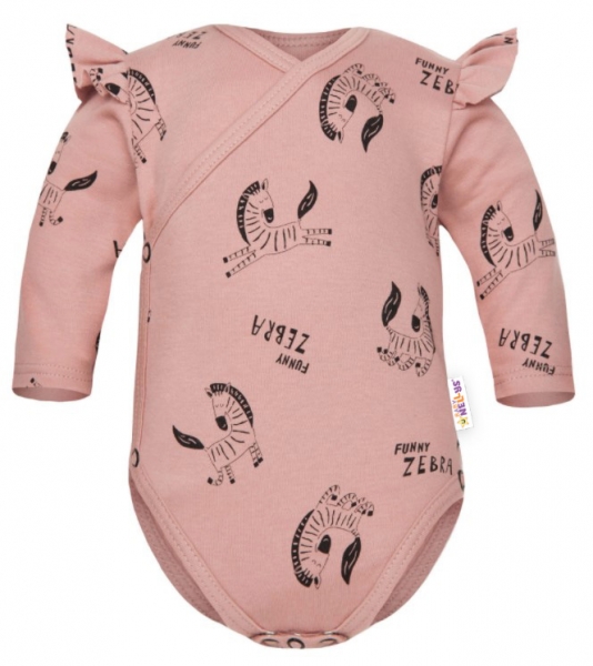 Baby Nellys Bavlnené body dl. rukáv, zapínanie bokom, Funny Zebra - pudrové, veľ .68