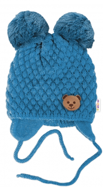 BABY NELLYS Zimná pletená čiapka Teddy Bear na zaväzovanie, modrá