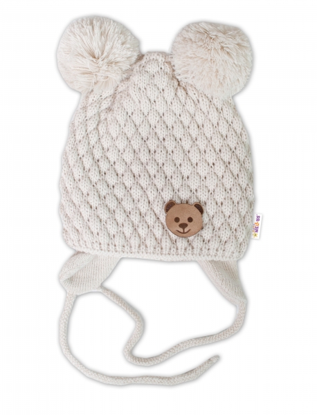 BABY NELLYS Zimná pletená čiapka Teddy Bear na zaväzovanie, ecru, 68/80, (6-12m)