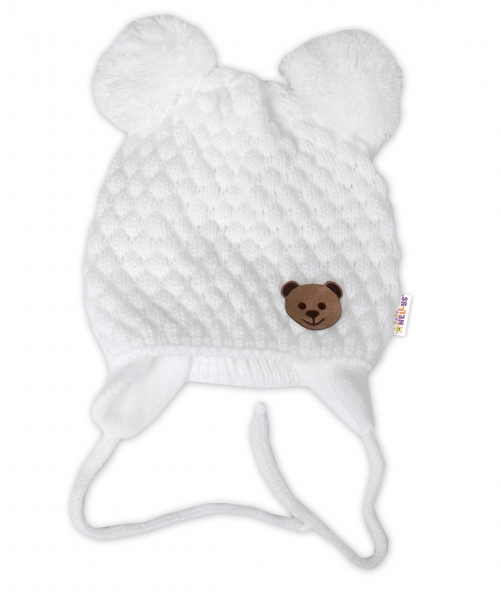BABY NELLYS Zimná pletená čiapka Teddy Bear na zaväzovanie, biela