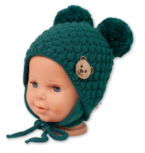 BABY NELLYS Zimná pletená čiapka Teddy Bear na zaväzovanie, zelená